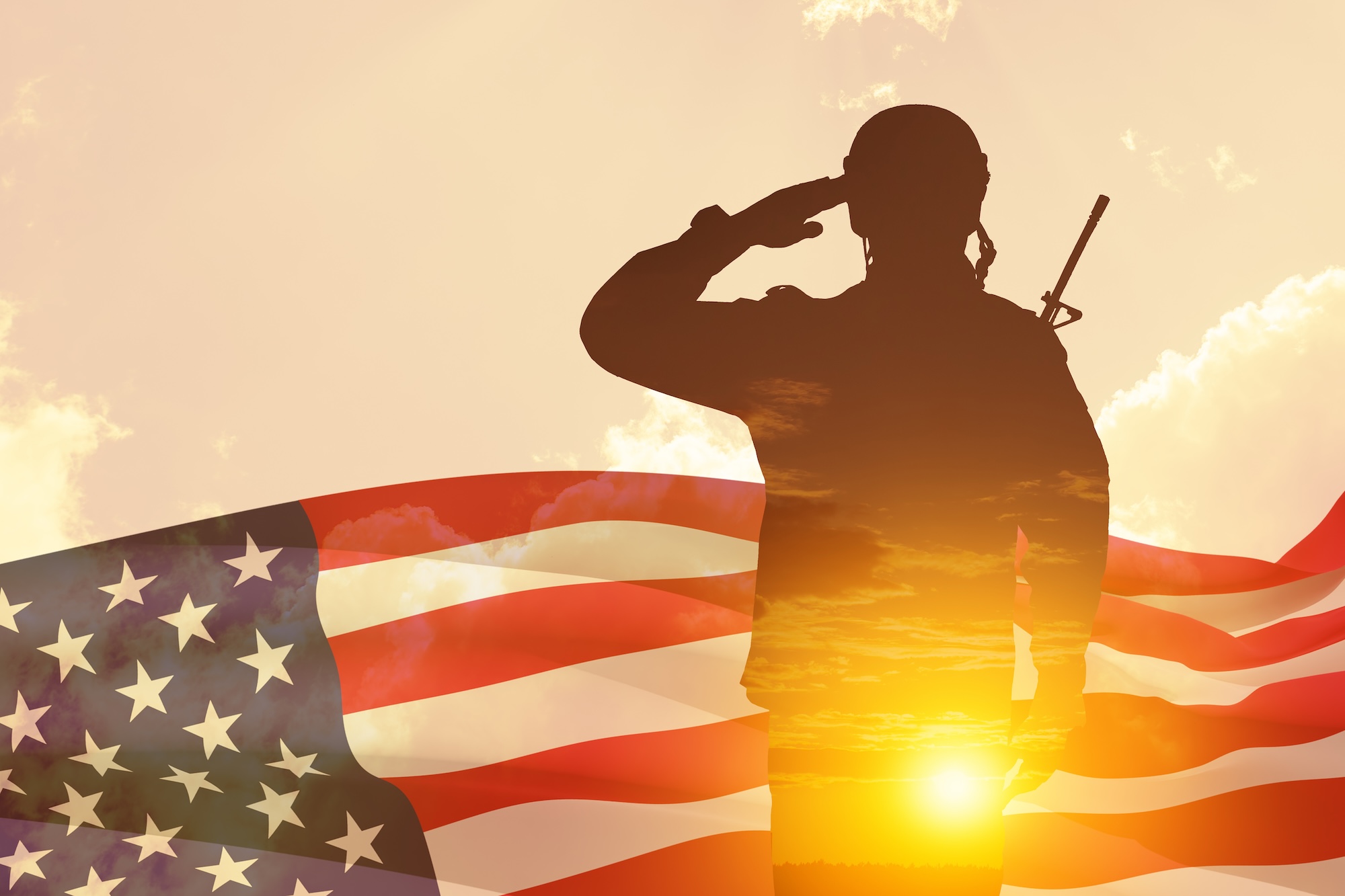 background of USA flag and sky. Greeting card for Veterans Day, Memorial Day, Independence Day. America celebration. Closeup. 3D-rendering.